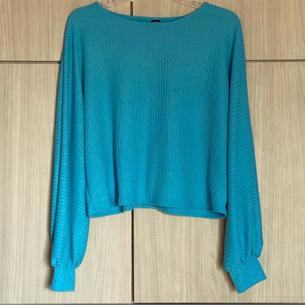 Turquoise Blue Slightly Cropped Crewneck Ribbed Top L 8/10 Long Dolman Sleeve